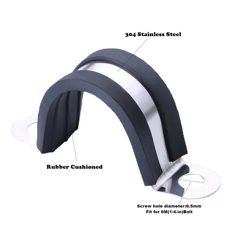 AKIHISA 12 Pcs 100mm Rubber Pipe Strap 304 stainless steel Rubber Cushioned Cable Clamp, 2 hole u-tube strap clamp for Tube, Pipe or Wire Cord Installation - Image 2
